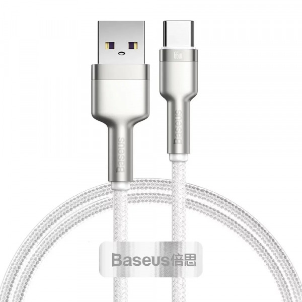 Cablu Date si Incarcare USB-A - USB-C Baseus Cafule Metal Series, 66W, 2m, Alb CAKF000202
