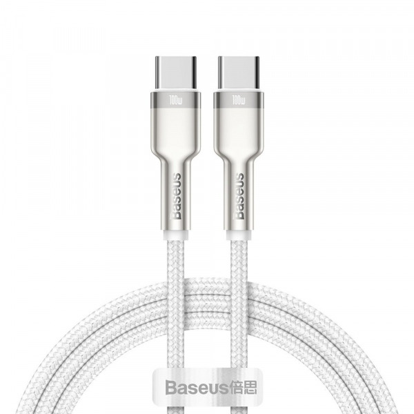 Cablu Date si Incarcare USB-C - USB-C Baseus Cafule Metal Series, 100W, 1m, Alb CATJK-C02