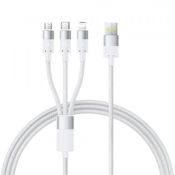 Cablu Incarcare USB-A - Lightning / microUSB / USB-C Baseus StarSpeed 3in1, 100W, 1.5m, Alb P10319900211-00