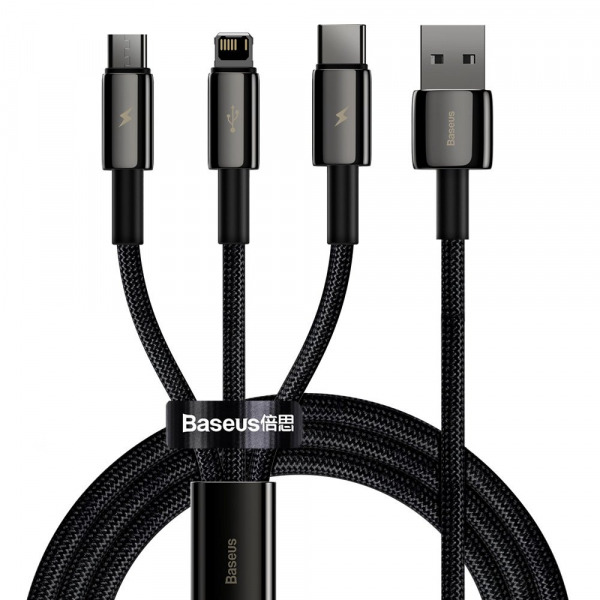 Cablu Incarcare USB-A - Lightning / microUSB / USB-C Baseus Tungsten Gold 3in1, 18W, 1.5m, Negru CAMLTWJ-01