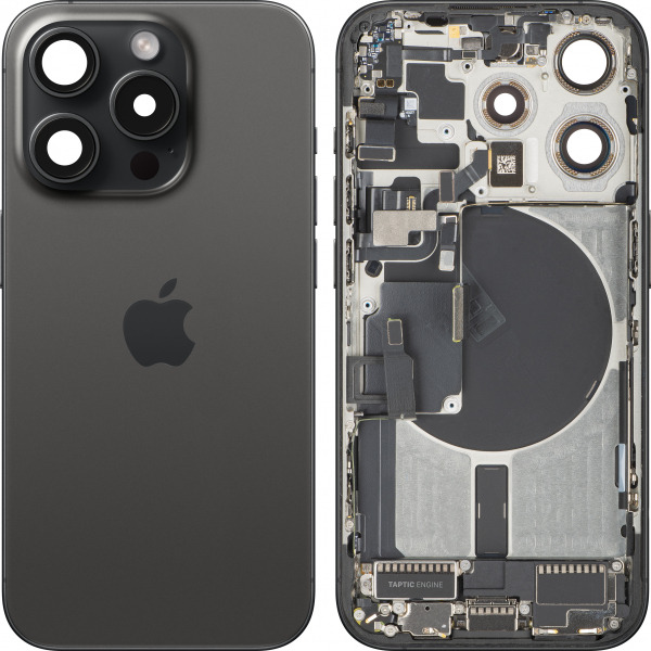 Capac Baterie Apple iPhone 15 Pro, Cu Carcasa Mijloc, Full Parts, Negru (Black Titanium), Swap Premium