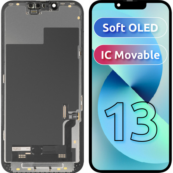 Display cu Touchscreen MP compatibil cu Apple iPhone 13, cu Rama, Versiune Soft OLED FHD IC Movable, Negru