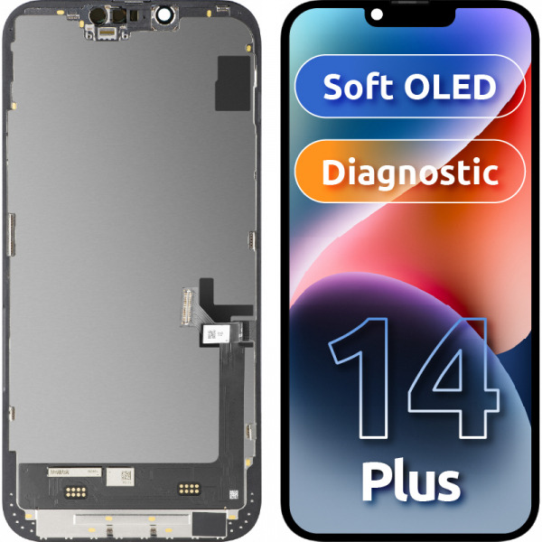 Display cu Touchscreen MP compatibil cu Apple iPhone 14 Plus, cu Rama, Versiune Soft OLED FHD Diagnostic, Negru