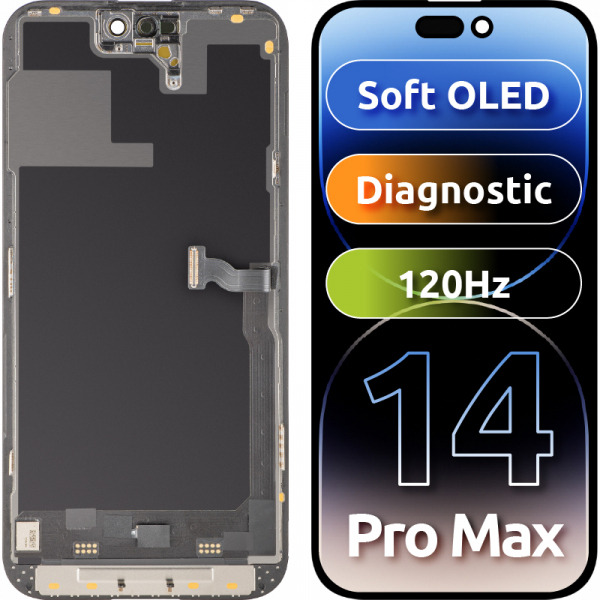 Display cu Touchscreen MP compatibil cu Apple iPhone 14 Pro Max, cu Rama, Versiune Soft OLED FHD 120Hz Diagnostic, Negru