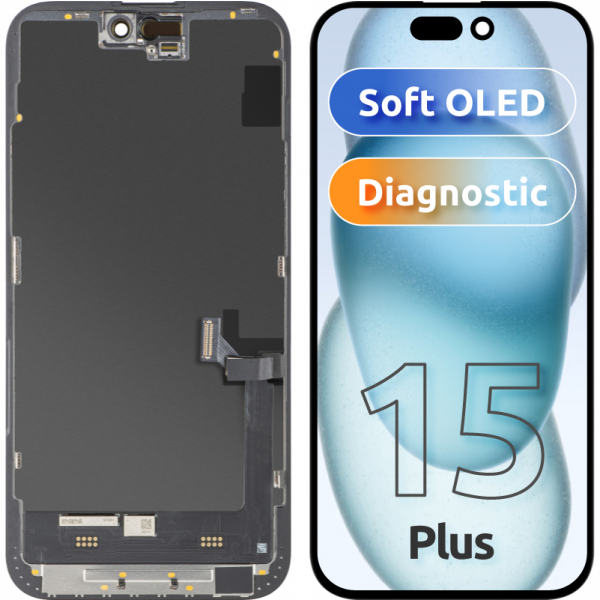 Display cu Touchscreen MP compatibil cu Apple iPhone 15 Plus, cu Rama, Versiune Soft OLED FHD Diagnostic, Negru