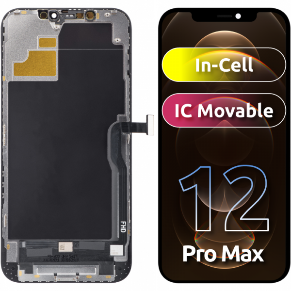 Display cu Touchscreen ZY pentru Apple iPhone 12 Pro Max, cu Rama, Versiune LCD In-Cell IC Movable, Negru