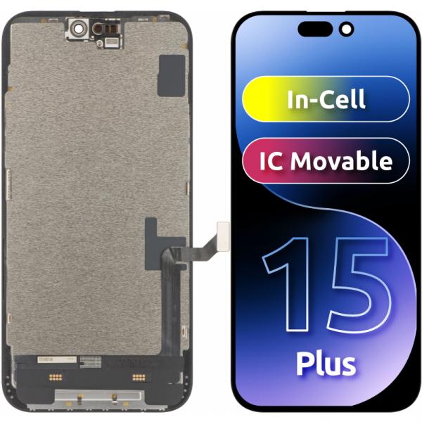 Display cu Touchscreen ZY pentru Apple iPhone 15 Plus, cu Rama, Versiune LCD In-Cell IC Movable, Negru