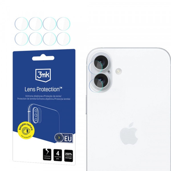 Folie de protectie Camera Spate 3MK Protection pentru Apple iPhone 16, Sticla Flexibila, Set 4 bucati, Transparenta