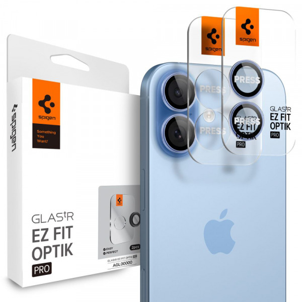 Folie de protectie Camera Spate Spigen GlastR EZ FIT Optik Pro pentru Apple iPhone 17 / 16 Plus / 16, Sticla Securizata, Set 2 bucati, Albastra