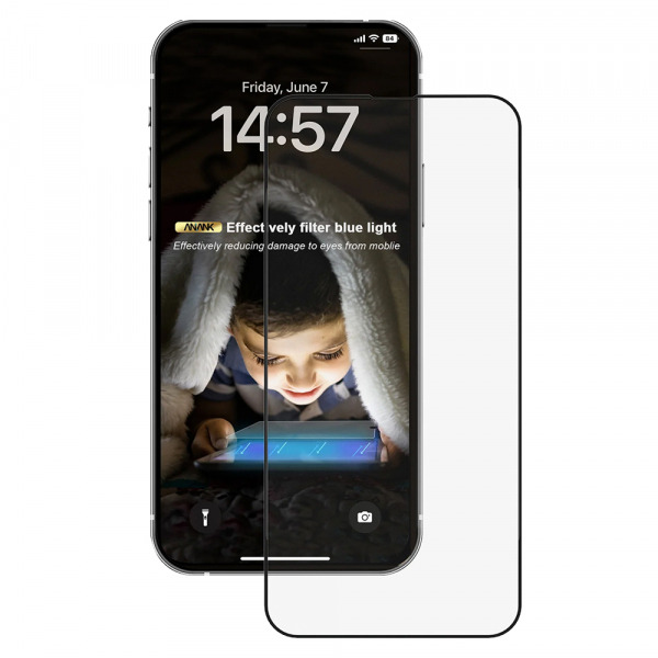 Folie de protectie Ecran Anti Blue Light Anank pentru Apple iPhone 17e / 16e / 14 / 13 Pro, Sticla Securizata, Full Glue, 2.5D, Neagra