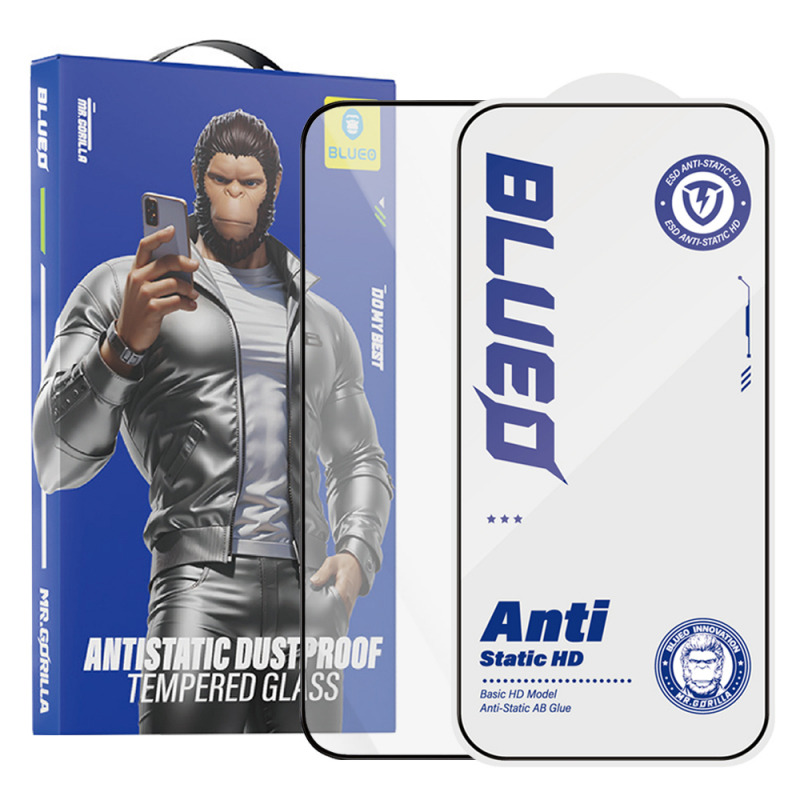 Folie de protectie Ecran Blueo Anti-Static HD pentru Apple iPhone 18 Pro / 17 Pro / 17 / 16 Pro, Sticla Securizata, Full Glue, Neagra