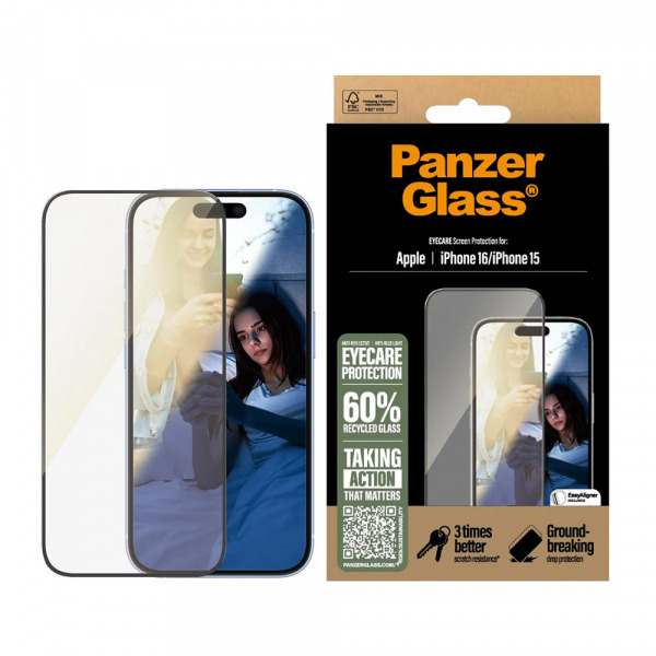 Folie de protectie Ecran PanzerGlass Ultra-Wide Fit EyeCare pentru Apple iPhone 16 / 15, Sticla Securizata, Full Glue, Neagra