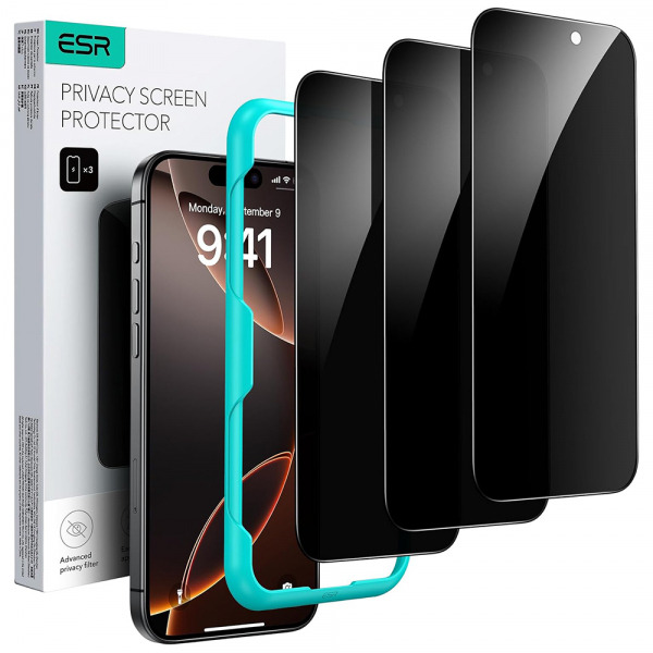 Folie de protectie Ecran Privacy ESR pentru Apple iPhone 17 / 16 Pro, Sticla Securizata, Full Glue, Set 3 bucati
