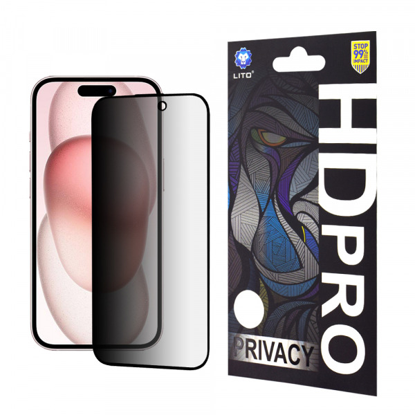 Folie de protectie Ecran Privacy Lito HD Pro pentru Apple iPhone 15, Sticla Securizata, Full Glue