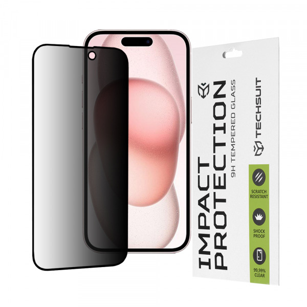 Folie de protectie Ecran Privacy Techsuit pentru Apple iPhone 16 / 15, Sticla Securizata, Full Glue, 111D
