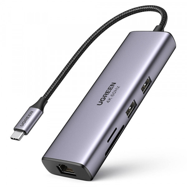 Hub USB-C UGREEN CM512 (60515), 2 x USB-A 3.0 - 1 x USB-C - 1 x HDMI - 1 x SD - 1 x microSD - 1 x RJ45, Gri