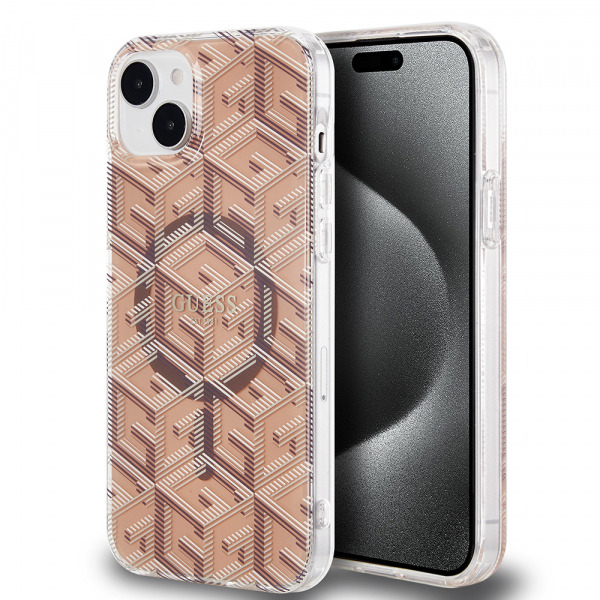 Husa MagSafe pentru Apple iPhone 15 Plus, Guess, IML Gcube, Maro