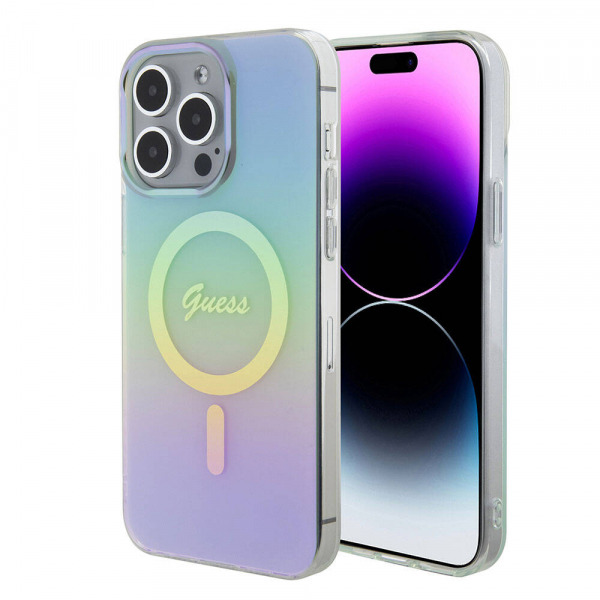 Husa MagSafe pentru Apple iPhone 15 Pro Max, Guess, IML Iridescent, Turcoaz