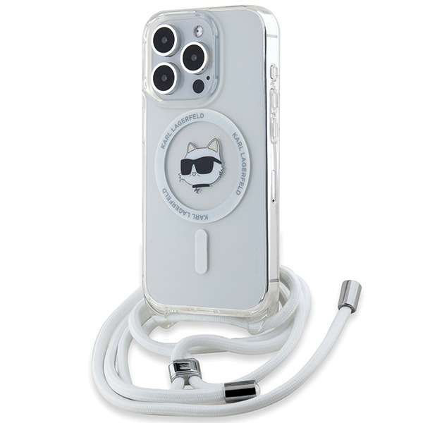 Husa MagSafe pentru Apple iPhone 15 Pro Max, Karl Lagerfeld, IML Crossbody Choupette's Head with Strap, Transparenta