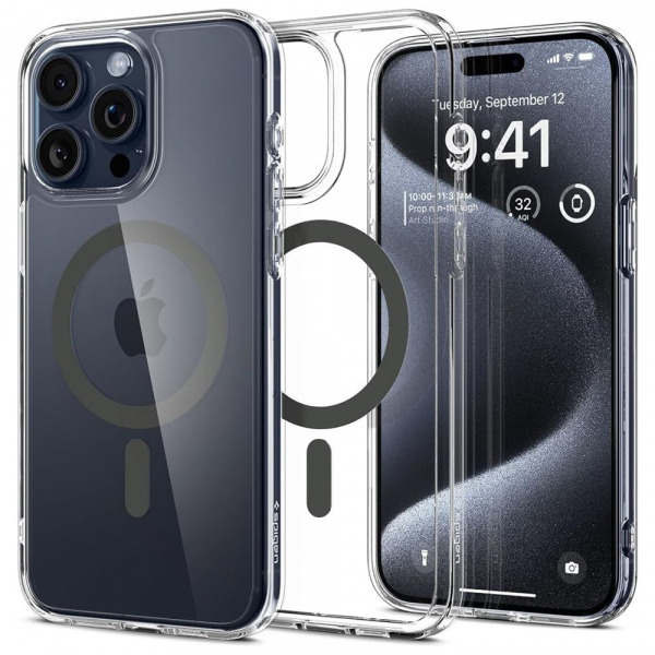 Husa MagSafe pentru Apple iPhone 15 Pro Max, Spigen, Ultra Hybrid Carbon, Transparenta
