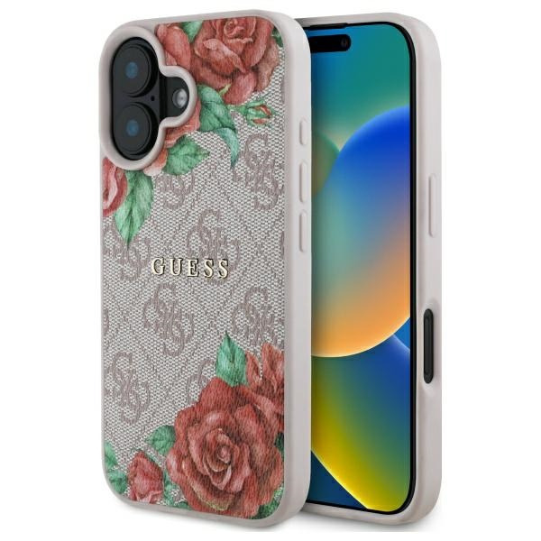 Husa MagSafe pentru Apple iPhone 16, Guess, 4G Flowers Print, Roz