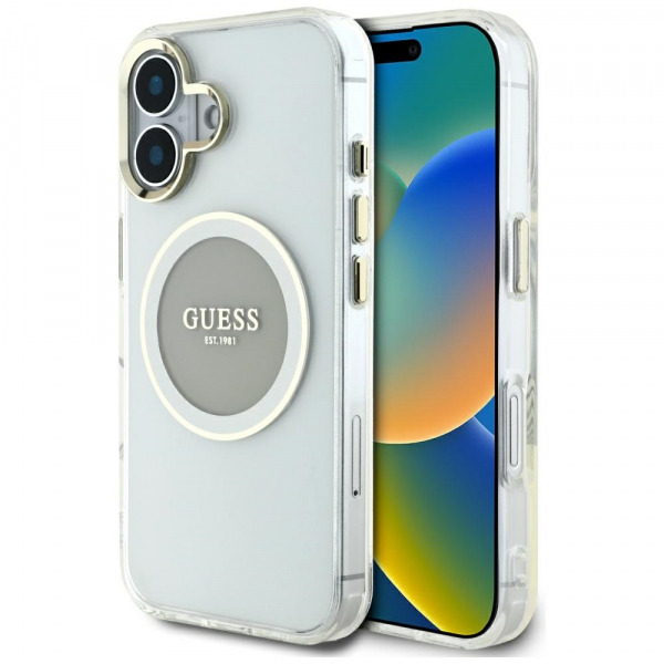 Husa MagSafe pentru Apple iPhone 16, Guess, IML Metal Colored Circle, Gri