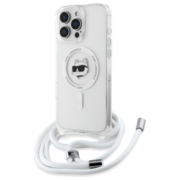 Husa MagSafe pentru Apple iPhone 16, Karl Lagerfeld, IML Crossbody Choupette's Head with Strap, Transparenta