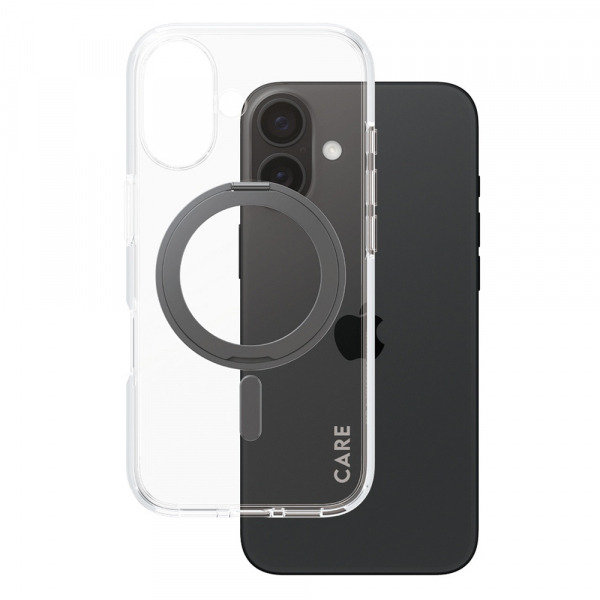 Husa MagSafe pentru Apple iPhone 16, PanzerGlass, Care Feature Kickstand, Transparenta Neagra