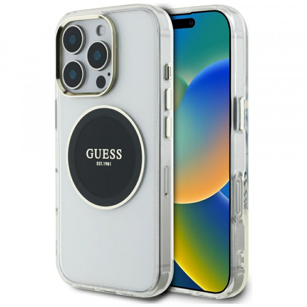 Husa MagSafe pentru Apple iPhone 16 Pro, Guess, IML Metal Colored Circle, Neagra
