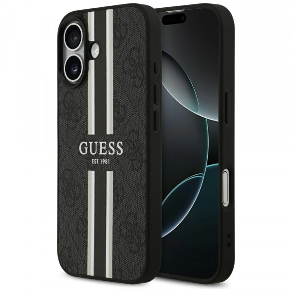Husa MagSafe pentru Apple iPhone 17, Guess, 4G Printed Stripes, Neagra