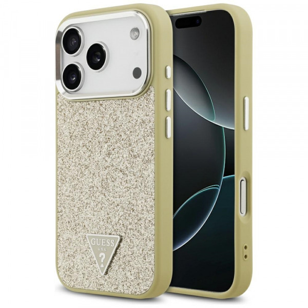 Husa MagSafe pentru Apple iPhone 18 Pro / 17 Pro, Guess, Glitter Triangle Logo, Aurie