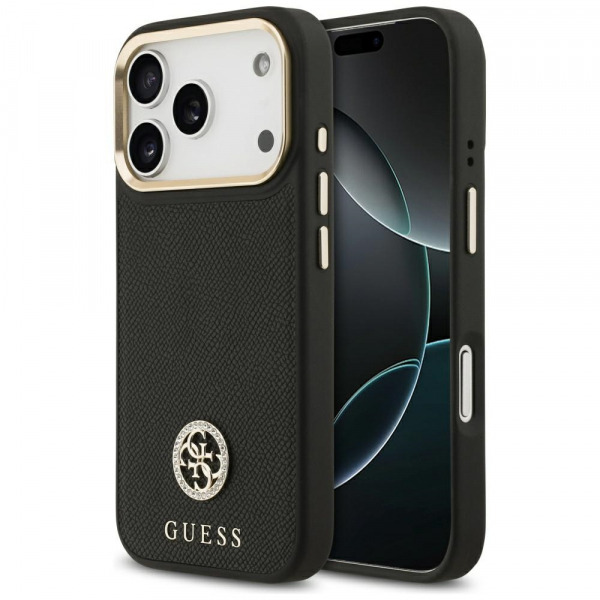 Husa MagSafe pentru Apple iPhone 18 Pro / 17 Pro, Guess, Grained Strass Logo, Neagra
