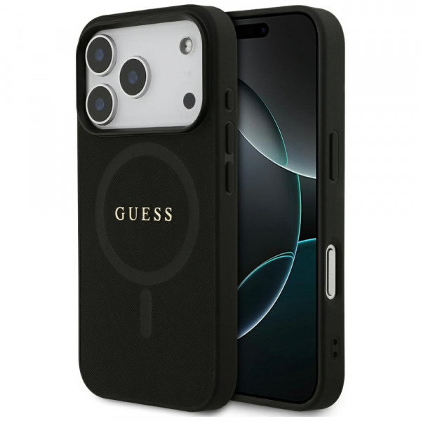 Husa MagSafe pentru Apple iPhone 18 Pro / 17 Pro, Guess, Saffiano Classic Logo, Neagra