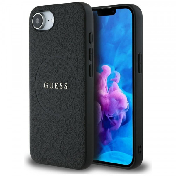Husa MagSafe pentru Apple iPhone 17e / 16e, Guess, Grained Gold Ring, Neagra