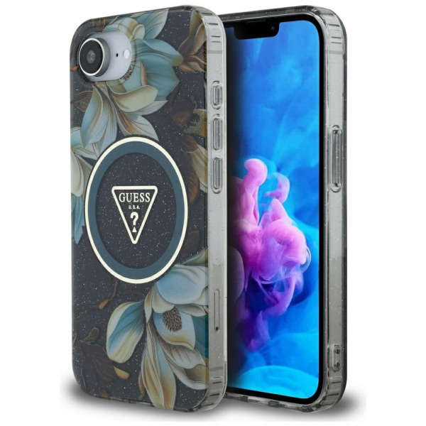 Husa MagSafe pentru Apple iPhone 17e / 16e, Guess, IML Metal Glitter Flowers Triangle, Neagra