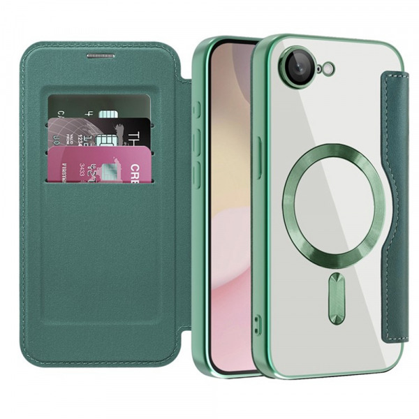 Husa MagSafe pentru Apple iPhone 17e / 16e, Techsuit, SmartMag Book, Verde