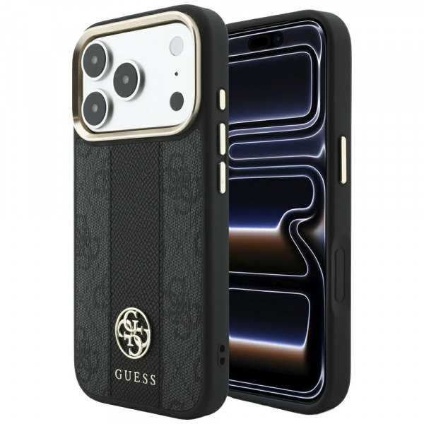 Husa MagSafe pentru Apple iPhone 18 Pro / 17 Pro, Guess, 4G Stripe Round Classic Logo, Neagra