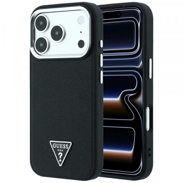 Husa MagSafe pentru Apple iPhone 18 Pro Max / 17 Pro Max, Guess, Grained Triangle Logo, Neagra