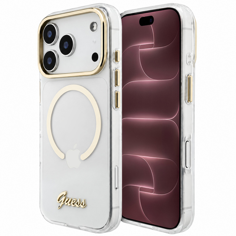 Husa MagSafe pentru Apple iPhone 18 Pro Max / 17 Pro Max, Guess, IML Script Metal, Transparenta