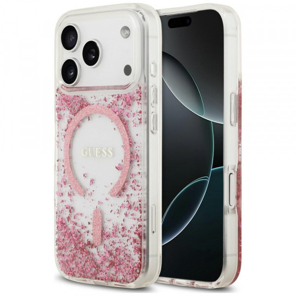 Husa MagSafe pentru Apple iPhone 18 Pro Max / 17 Pro Max, Guess, Resin Bottom Glitter, Roz
