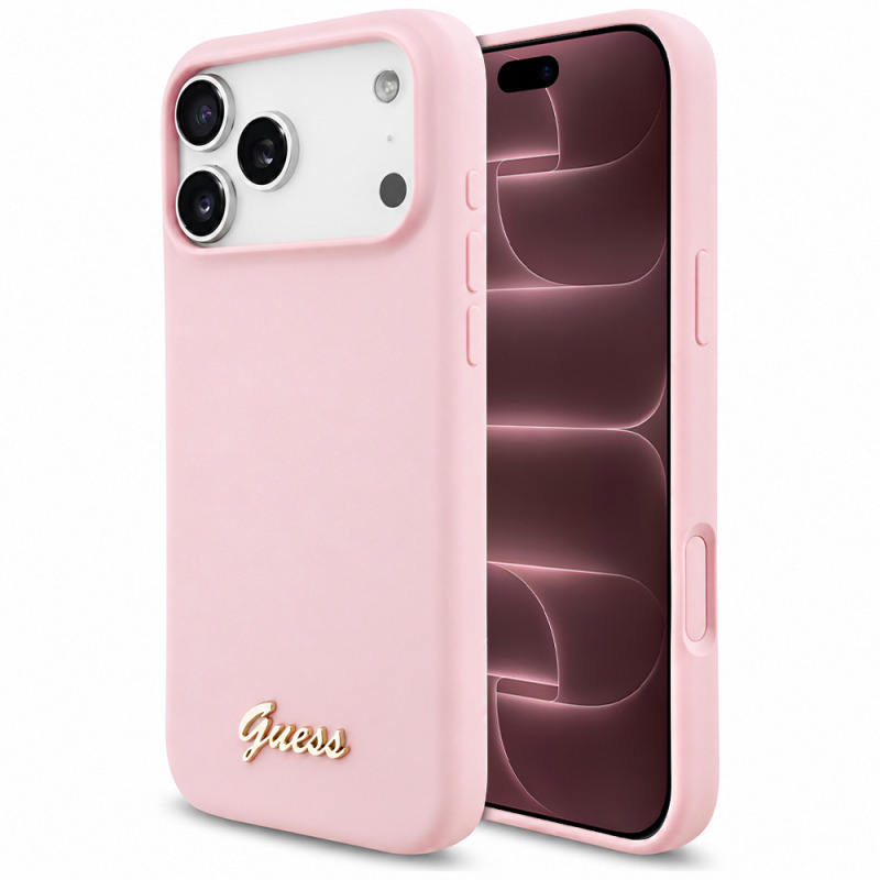 Husa MagSafe pentru Apple iPhone 18 Pro Max / 17 Pro Max, Guess, Script Metal Logo, Roz