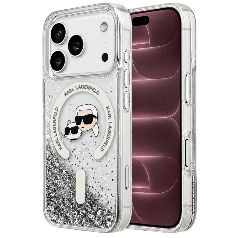 Husa MagSafe pentru Apple iPhone 18 Pro Max / 17 Pro Max, Karl Lagerfeld, Liquid Glitter Karl & Choupette Head's, Transparenta