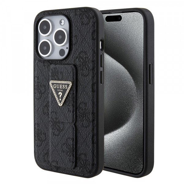 Husa pentru Apple iPhone 15 Pro, Guess, Grip Stand 4G Triangle Strass, Neagra