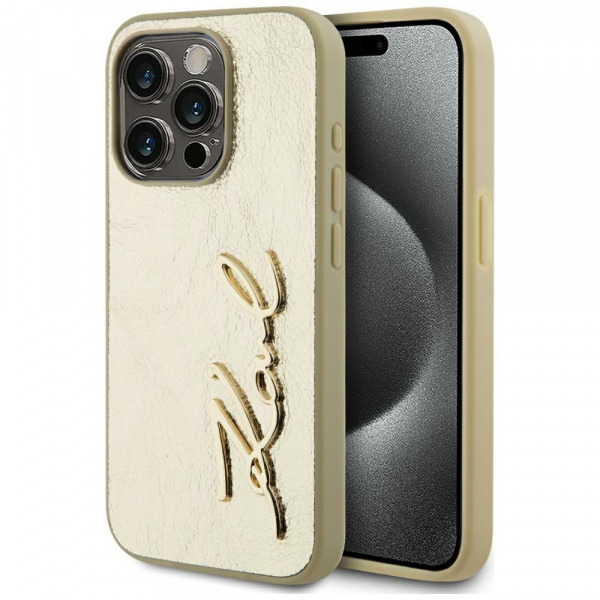 Husa pentru Apple iPhone 15 Pro, Karl Lagerfeld, Metal Signature, Aurie
