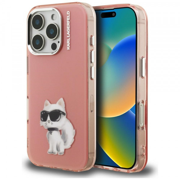 Husa pentru Apple iPhone 16 Pro, Karl Lagerfeld, IML Aquarelle Logo Choupette, Roz