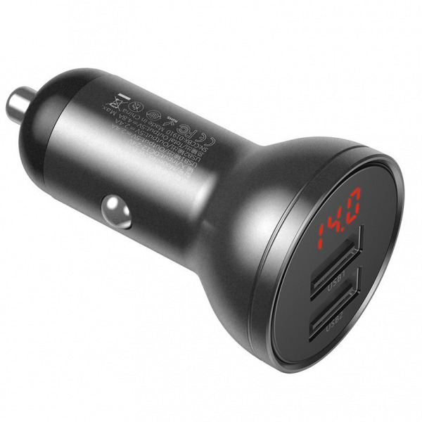 Incarcator Auto Baseus Digital Display, 24W, 2.4A, 2 x USB-A, Gri CCBX-0G