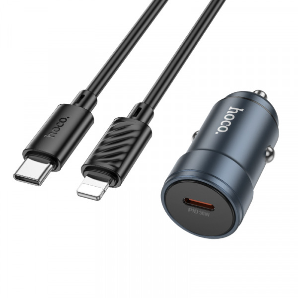Incarcator Auto Cu Cablu Lightning HOCO Z57, 30W, 3A, 1 x USB-C, Gri