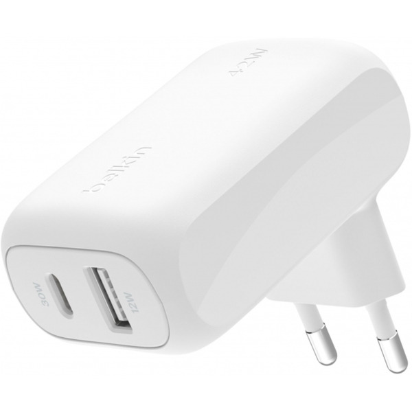 Incarcator Retea Belkin BoostCharge Dual, 42W, 3A, 1 x USB-A - 1 x USB-C, Alb WCB009vfWH