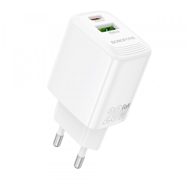 Incarcator Retea Borofone BN27 Fuente, 20W, 3A, 1 x USB-A - 1 x USB-C, Alb