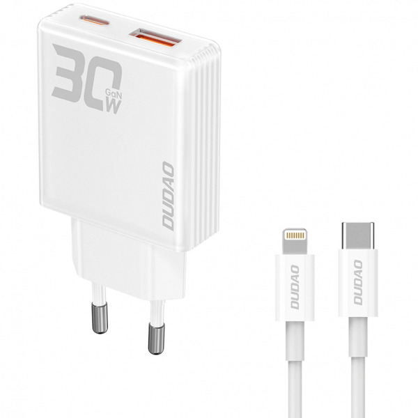Incarcator Retea Cu Cablu Lightning Dudao A30EUL, 30W, 3A, 1 x USB-A - 1 x USB-C, Alb